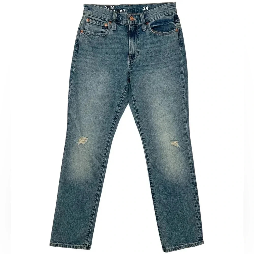J. Crew Slim Boyfriend Mid Rise Vintage Wash Distressed Denim Jeans Size 24
